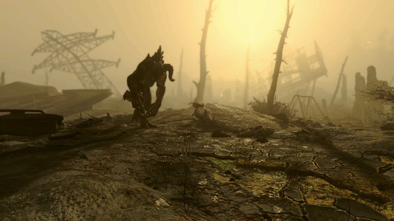 A deathclaw advancing through a yellow dust storm