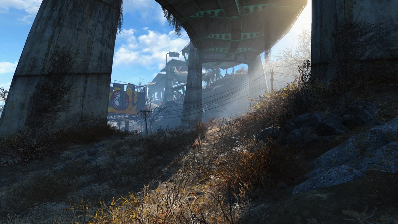 Sunlight through the gap in a collapsed concrete overpass