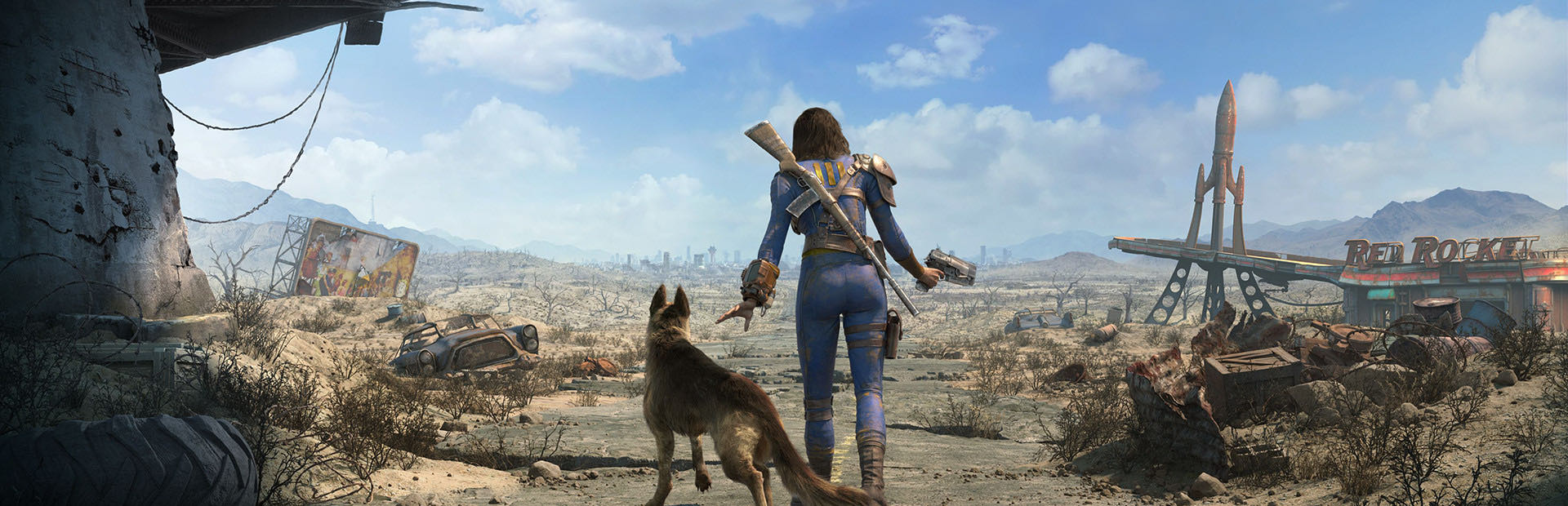 The Sole Survivor and Dogmeat walking a cracked road out of Sanctuary, the Red Rocket station ahead