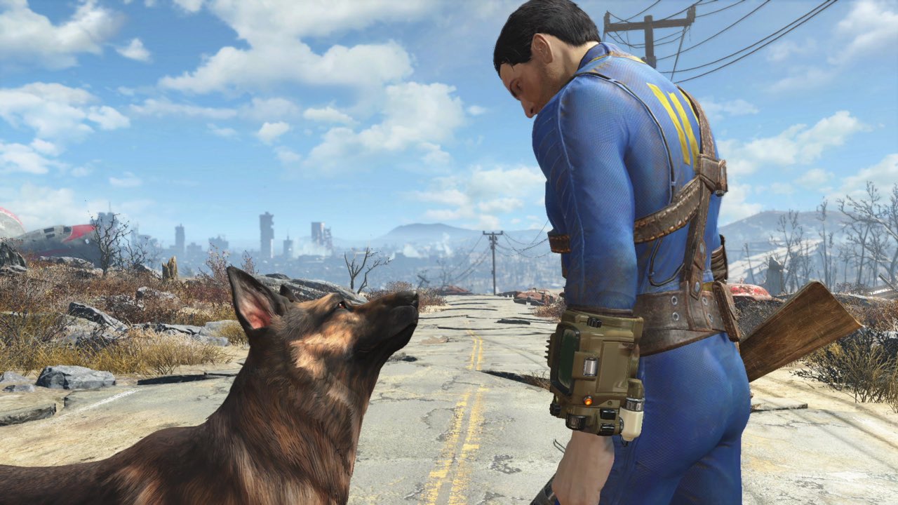 A vault dweller and Dogmeat on a ruined highway